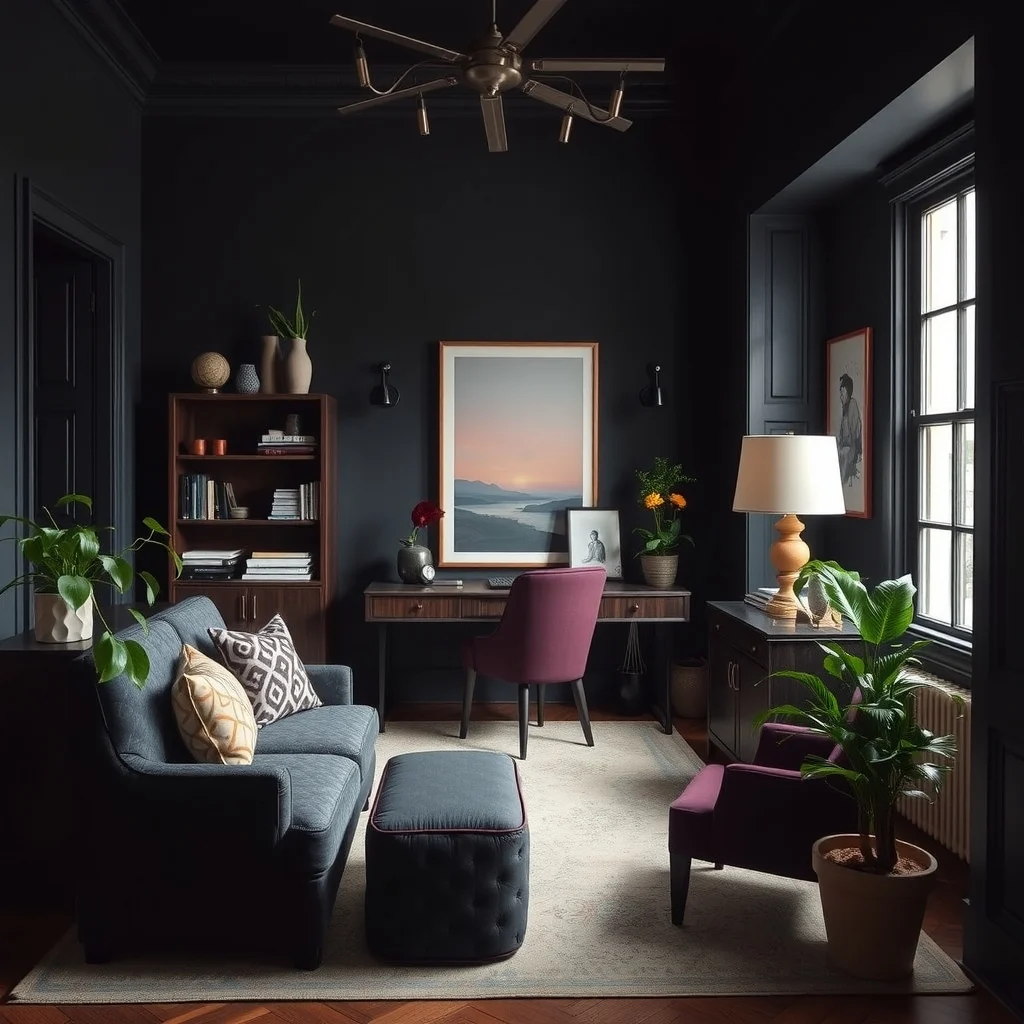 Dark Feminine Home Office Ideas With Rich Colors and Vintage Details interior: 4. Introduce Textured Upholstery for Comfort and Depth - Soft furnishings soften the hardness of dark walls and wooden desks. A high‑back chair upholstered in velour or bouclé in a deep plum or charcoal adds tactile comfort while reinforcing the feminine palette. If a