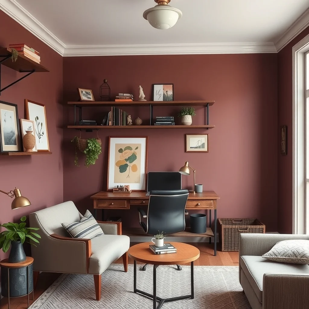 Dark Feminine Home Office Ideas With Rich Colors and Vintage Details interior: 5. Use Open Shelving with Patina Finishes - Open shelving provides visual openness while displaying curated objects that reinforce the vintage theme. Opt for reclaimed wood shelves with a brushed, antiqued metal bracket; the patina adds character without demanding a full antique piece.