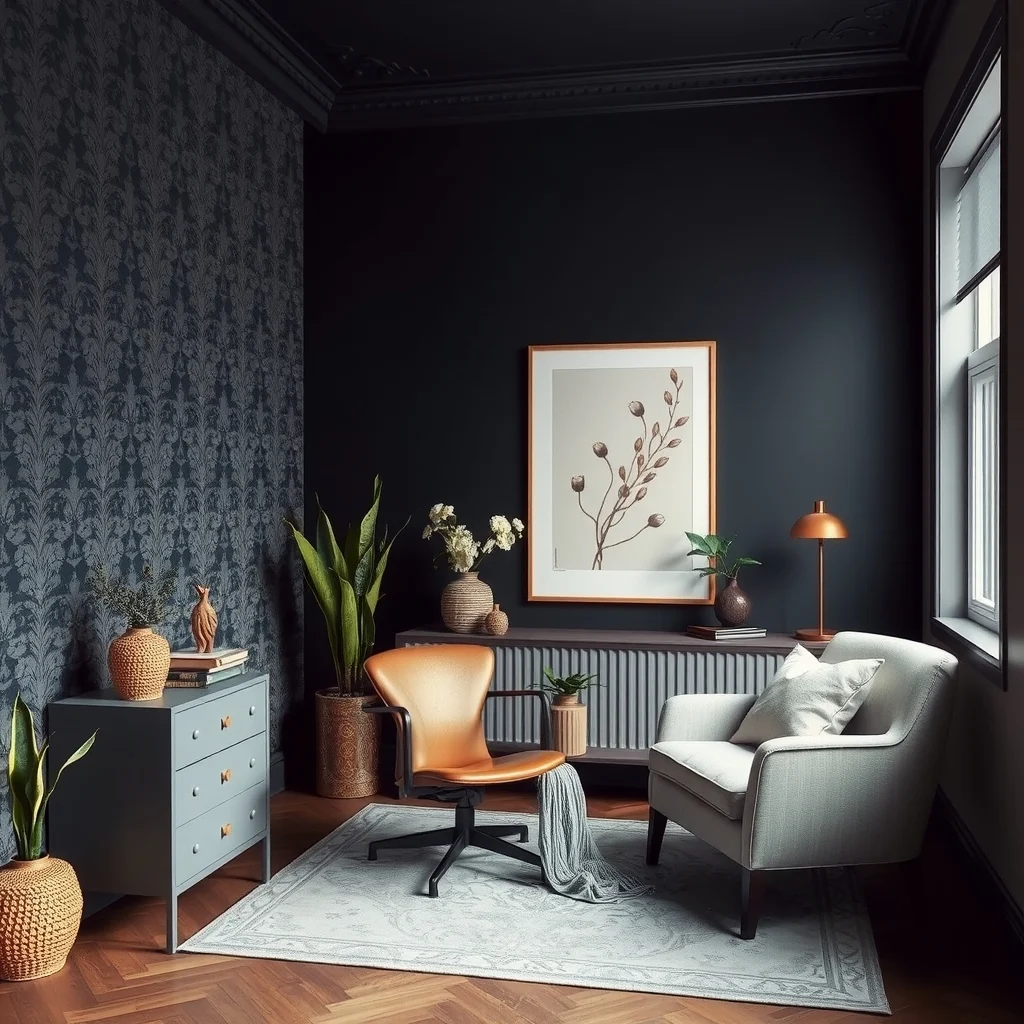 Dark Feminine Home Office Ideas With Rich Colors and Vintage Details interior: 6. Add a Subtle Pattern Through Wallpaper or Rugs - A patterned element prevents the room from feeling too monolithic. A wallpaper with a muted damask or botanical motif in tones that echo the feature wall—perhaps a soft ash overlay on deep navy—adds visual interest