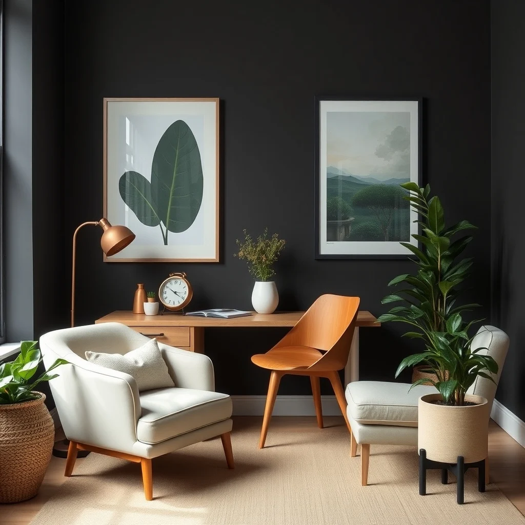 Dark Feminine Home Office Ideas With Rich Colors and Vintage Details interior: 7. Incorporate Greenery in Dark‑Toned Planters - Plants soften the intensity of dark walls and bring a breath of life to a focused workspace. Choose foliage with deep‑green leaves—such as ZZ plant or snake plant—that complements the rich palette. Place them in