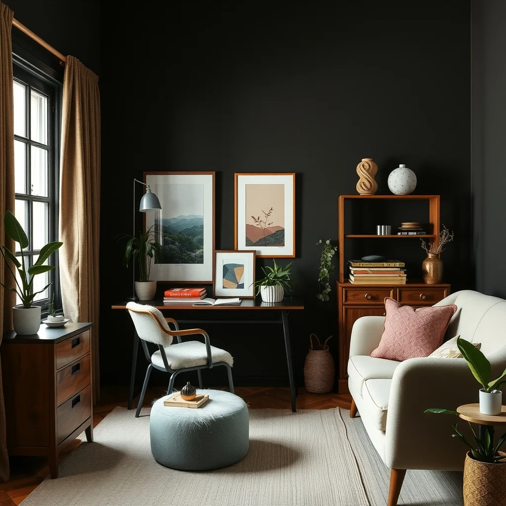 Dark Feminine Home Office Ideas With Rich Colors and Vintage Details interior: FAQ - How do I prevent a dark office from feeling too small? Keep the floor space open by using furniture with a modest footprint and incorporating reflective surfaces like a glass desk top or a mirror