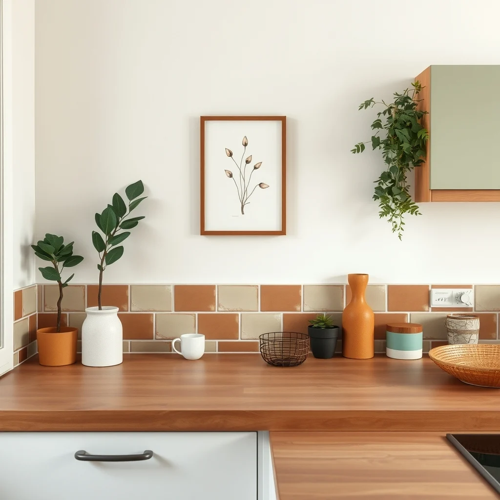 Detailed view of a recessed painted tile border behind the countertop terracotta and muted sage tones with imperfect brush strokes gentle shadow depth and a hint of vintage 1950s pattern