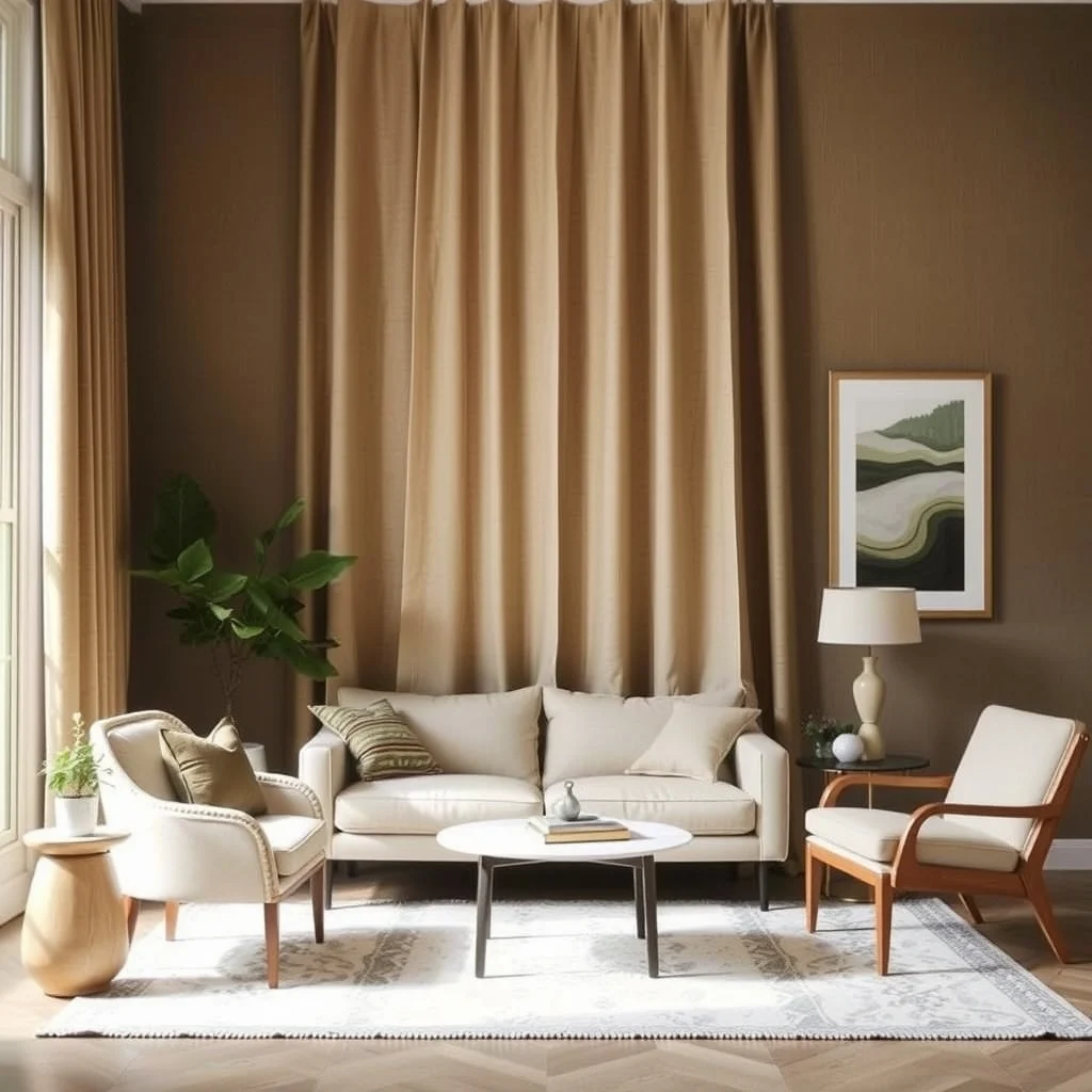 DIY Accent Wall Ideas for a High-End Look on a Small Budget interior: 3. Large‑Scale Fabric Drapery - Choosing a single, high‑impact piece of fabric and hanging it as a wall covering offers a soft, sophisticated backdrop. Look for textiles that feature a subtle pattern—think a muted damask or a tone‑on‑tone weave—in fabrics