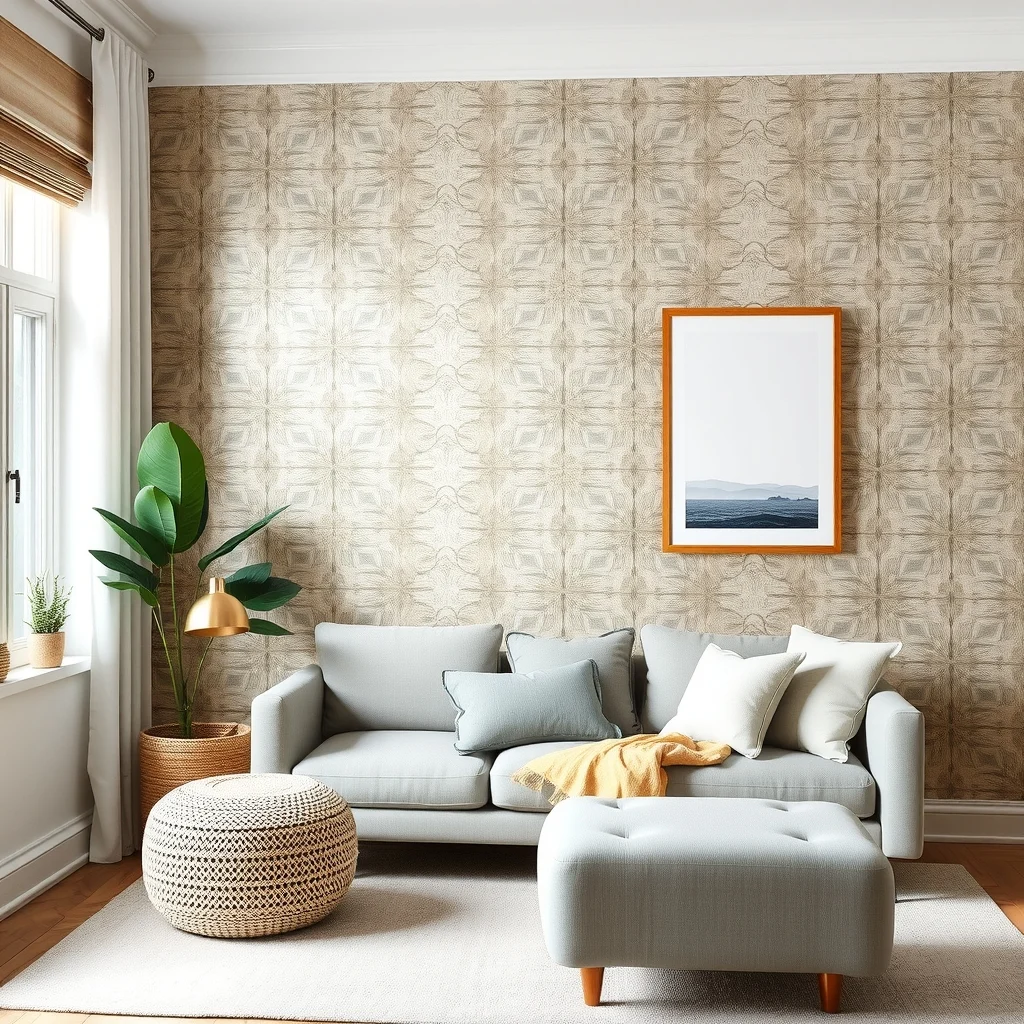 DIY Accent Wall Ideas for a High-End Look on a Small Budget interior: 5. Wallpaper with a Metallic Sheen - A wallpaper featuring a subtle metallic finish—such as brushed nickel or muted gold—can bring a luxe vibe without the price of actual metal panels. Choose a pattern that repeats every few so the visual