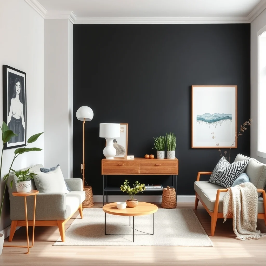DIY Accent Wall Ideas for a High-End Look on a Small Budget interior: 6. Chalkboard Paint for Interactive Style - Transform a wall into a functional art piece by applying chalkboard paint in a rich charcoal hue. The matte surface invites you to write notes, sketch, or display rotating artwork, making the room feel personalized