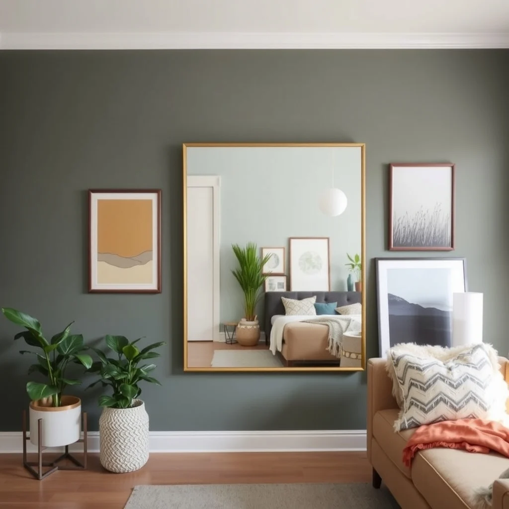 DIY Accent Wall Ideas for a High-End Look on a Small Budget interior: 7. Oversized Mirror Installation - Large mirrors not only reflect light but also create the illusion of expanded space. Selecting a frame with a sleek, minimal profile—perhaps in brushed brass or black metal—adds a touch of sophistication. Mount the mirror