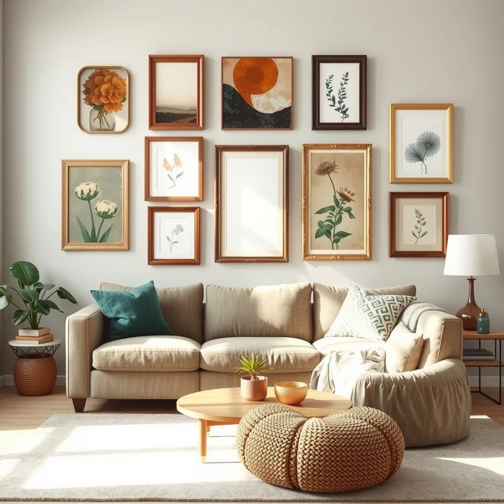 Eclectic thrift store gallery wall on a light gray living room wall mixing reclaimed wooden frames brass bordered squares and vintage metal rectangles abstract botanical prints warm natural light centered composition with a cozy sofa backdrop