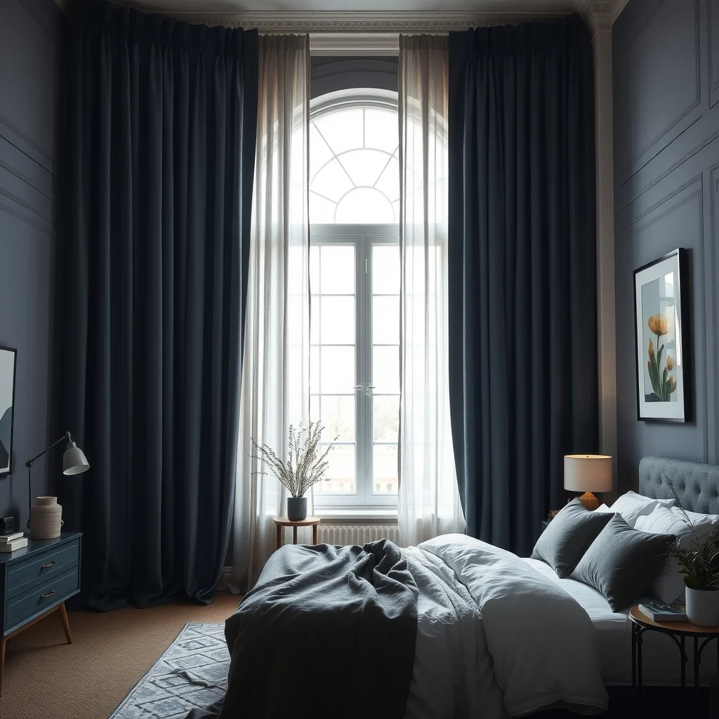 Elegant bedroom featuring floor to ceiling navy velvet curtains heavy gray drapes framing a tall window soft ambient glow from a bedside lamp creating a cocoon like atmosphere contemporary classic vibe