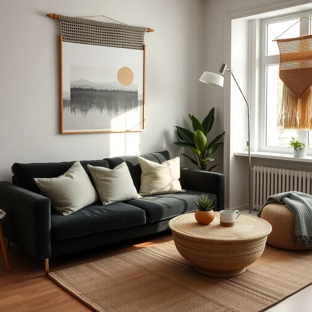 Elegant living room with charcoal velvet sofa layered linen throw pillows in muted sage a woven jute rug textured woven wall hanging and soft indirect lighting from a floor up lamp