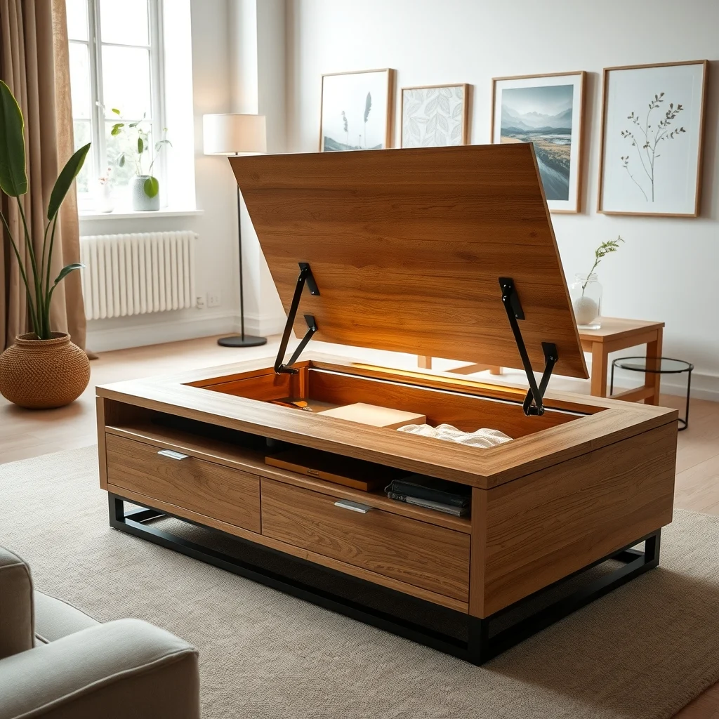 Elegant solid oak lift top coffee table sleek hydraulic mechanism matte black metal ambient lamp glow minimalistic living room neutral taupe rug close up of opened compartment revealing tidy storage
