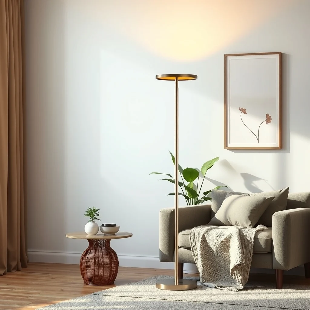 Elegant tall floor lamp with brushed nickel finish stands beside the sofa diffusing amber light onto