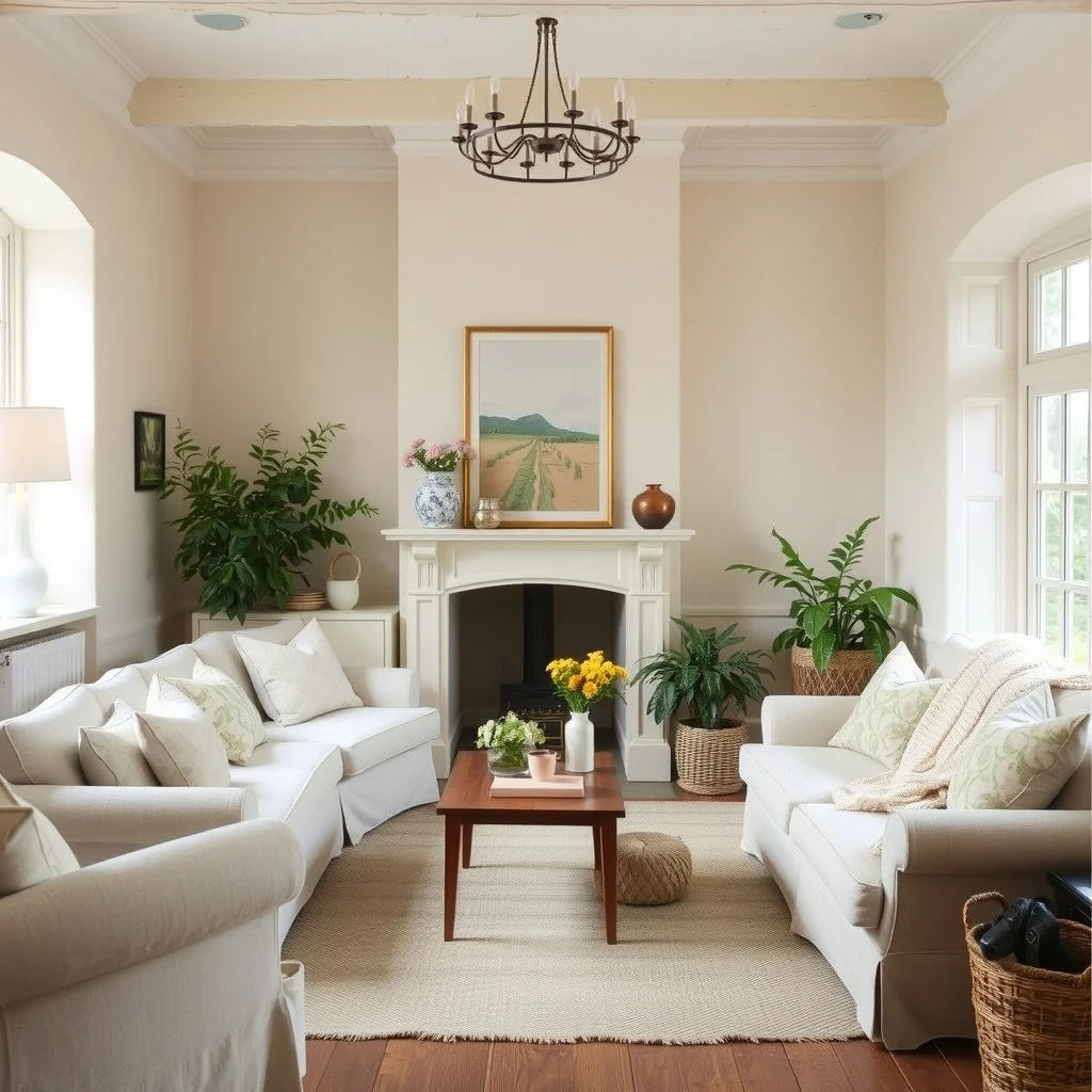 English Cottage Living Room Ideas for a Cozy and Collected Home interior: 1. Weathered Plaster and Subtle Washes - Traditional cottages often feature walls that have been kissed by time, and a light limewash or a muted pastel can recreate that effect without the need for actual plaster. Choose a shade such as warm