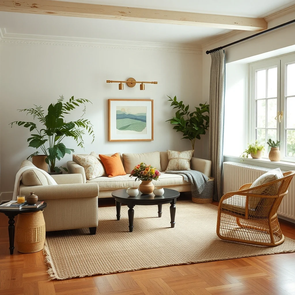 English Cottage Living Room Ideas for a Cozy and Collected Home interior: 3. Layered Textiles for Warmth - Textiles are the language of cottage style, and layering them adds depth that a single rug or curtain cannot achieve. Start with a natural fiber rug— ‑woven jute or a low‑pile wool in a neutral tone—to