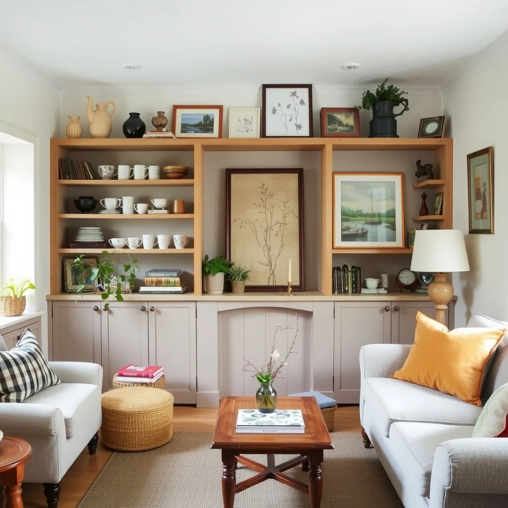 English Cottage Living Room Ideas for a Cozy and Collected Home interior: 4. Curated Curios and Shelving - An English cottage never looks sterile; it thrives on the presence of well‑chosen objects that tell a story. Open shelving made of reclaimed pine offers a place to display ceramic mugs, antique books, and a