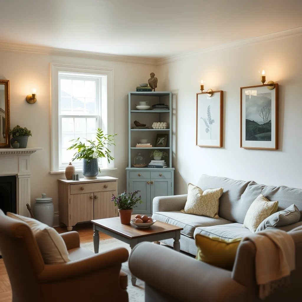 English Cottage Living Room Ideas for a Cozy and Collected Home interior: 5. Soft Ambient Lighting - Lighting in a cottage living room should feel like a gentle glow rather than a harsh glare. A pair of wall sconces in brushed brass, fitted with warm‑toned bulbs, adds a soft wash along the