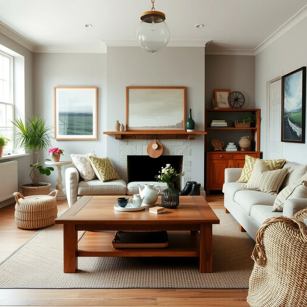 English Cottage Living Room Ideas for a Cozy and Collected Home interior: 6. Natural Materials and Handcrafted Details - Wood, stone, and woven fibers anchor the cottage aesthetic in tactile reality. An oak coffee table with a slightly distressed finish offers a sturdy surface for tea service while echoing the countryside vibe. Pair the