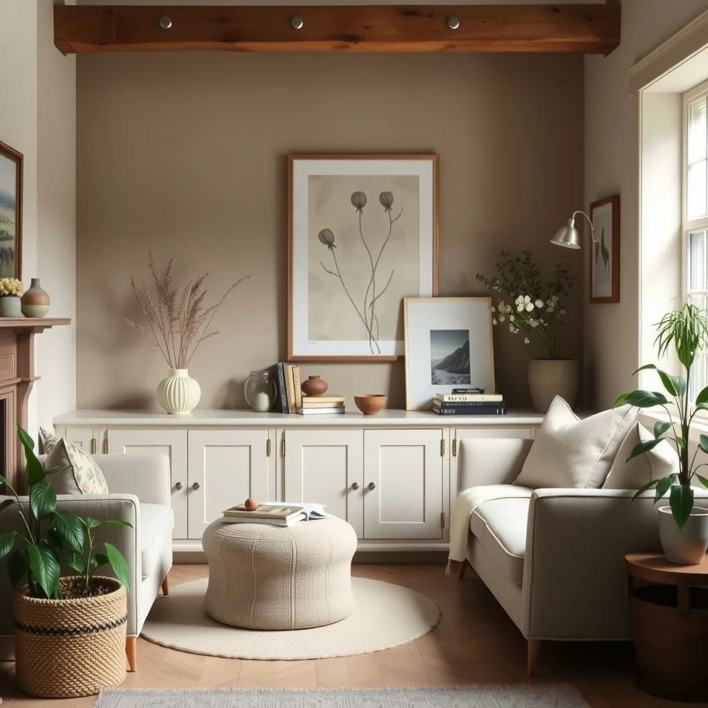 English Cottage Living Room Ideas for a Cozy and Collected Home interior: 7. Thoughtful Storage that Keeps the Room Uncluttered - Maintaining a collected look requires places to tuck away everyday items without sacrificing style. A built‑in low cabinet with shallow doors can hide electronics, board games, or extra cushions while keeping the floor line uninterrupted.