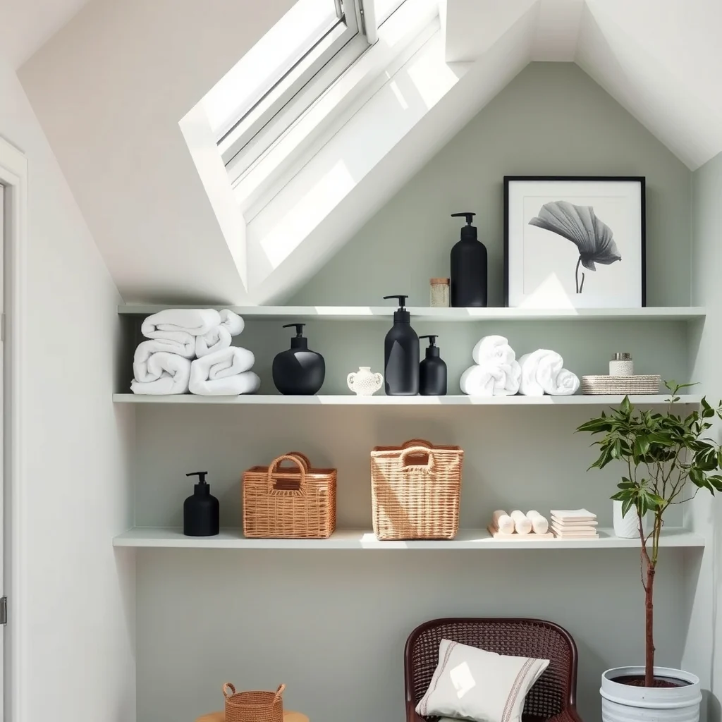 Floating open shelves painted soft sage hold rolled white towels matte black ceramic bottles and woven rattan baskets daylight streams through a skylight creating airy organization