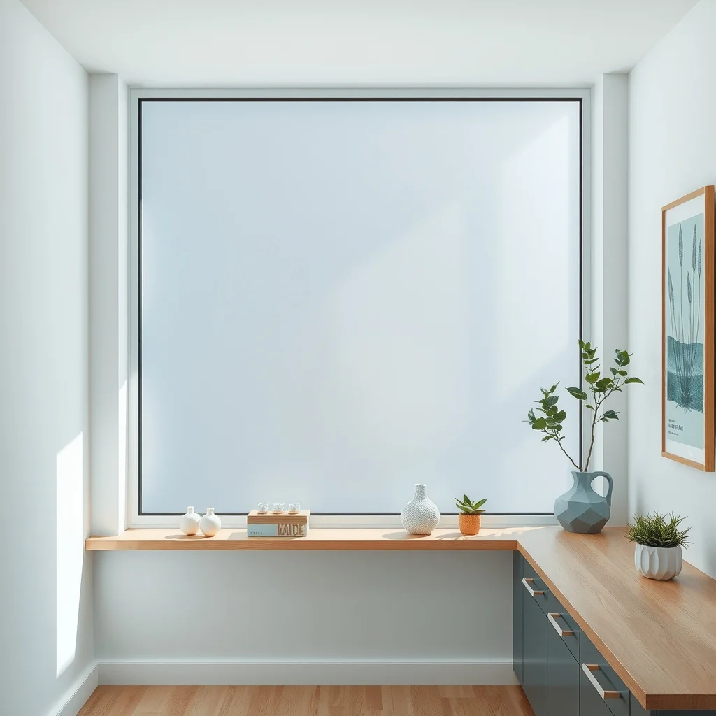 Frosted geometric window film applied to a large pane soft matte finish subtle teal undertones light filtering creates patterned shadows on a light oak countertop wide perspective contemporary elegance