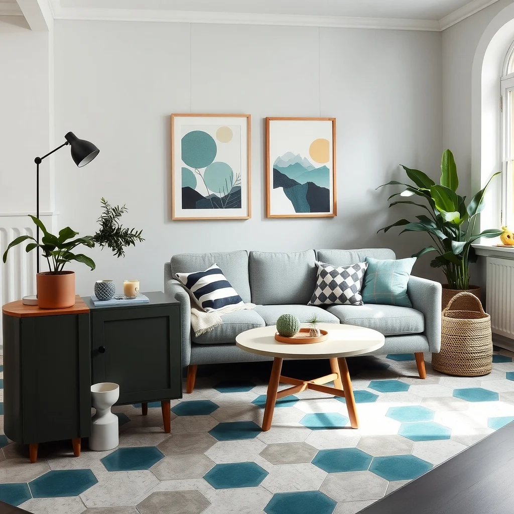 FunHaus Home Decor Ideas for a Playful Room With Bold Patterns interior: 5. Use Patterned Tiles for a Playful Floor - Flooring often goes unnoticed, yet a patterned tile can transform a room from the ground up. Ceramic or porcelain tiles arranged in a mosaic of contrasting shapes—such as hexagons in teal and soft gray—add texture