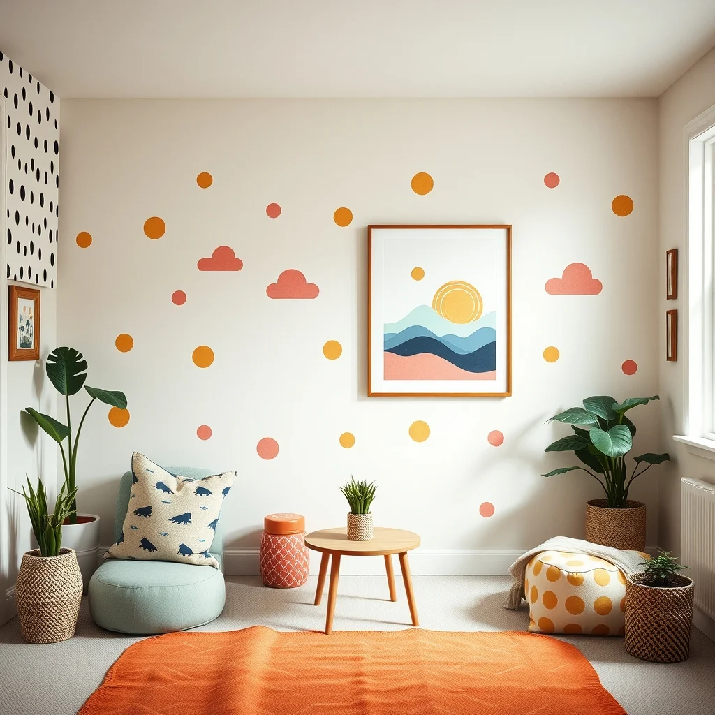 FunHaus Home Decor Ideas for a Playful Room With Bold Patterns interior: 6. Layer Patterned Wall Decals Over Neutral Paint - Wall decals offer a low‑commitment way to introduce pattern without the permanence of paint or wallpaper. Large‑scale decals—such as oversized polka dots or stylized clouds—applied over a neutral base coat create a whimsical backdrop that