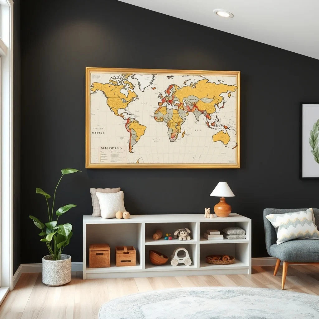 Gallery wall style large vintage map canvas covering shallow cubby brushed brass frame charcoal wall soft recessed lighting angled shot showing open cubby with neatly stacked toys contemporary vibe