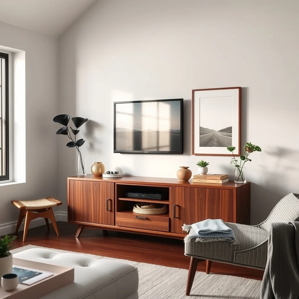 Hidden Toy Storage Ideas for a Stylish Living Room interior: 7. Multi‑functional media console with concealed compartments - A media console with built‑in drawers or cabinets can be reimagined as a toy hideaway. Opt for a piece with a clean, mid‑century —perhaps a walnut finish with tapered —that aligns with the room’s style.