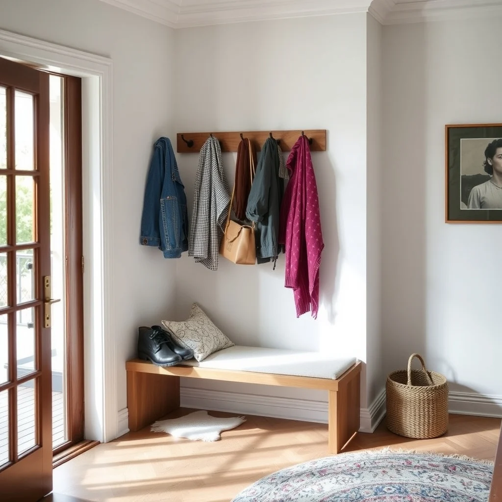 How to Decorate an Empty Living Room Corner Without Cluttering It interior: 6. Create a functional coat rack with a built‑in bench - Transform the corner into a practical entry point by installing a wall‑mounted coat rack with a narrow bench underneath. The rack provides hooks for jackets, bags, and scarves, while the bench offers a place to