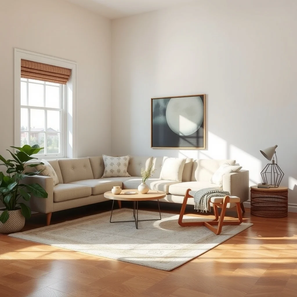 How to Decorate an Empty Living Room Corner Without Cluttering It interior: FAQ - How large should a corner rug be? A corner rug should be proportionate to the space, typically ranging from 2 to 4 feet on each side. Selecting a size that leaves a visible border of