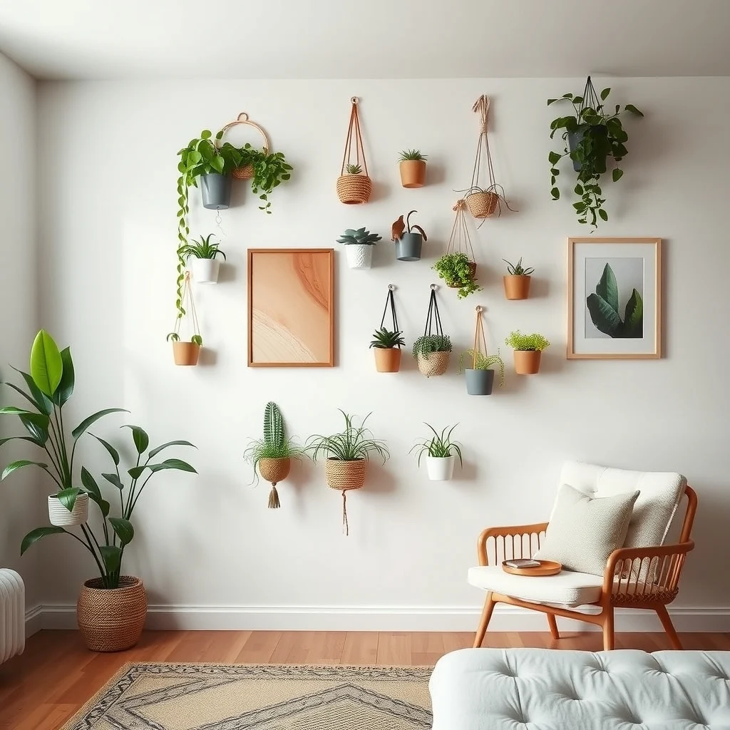 How to Decorate an Empty Wall Without Spending a Fortune interior: 7. Create a Living Wall with Hanging Planters - Plants add life, improve air quality, and introduce a splash of green that works with any décor style. Simple macramé hangers or metal wall‑mounted pots can hold small succulents, trailing pothos, or air‑plant arrangements for