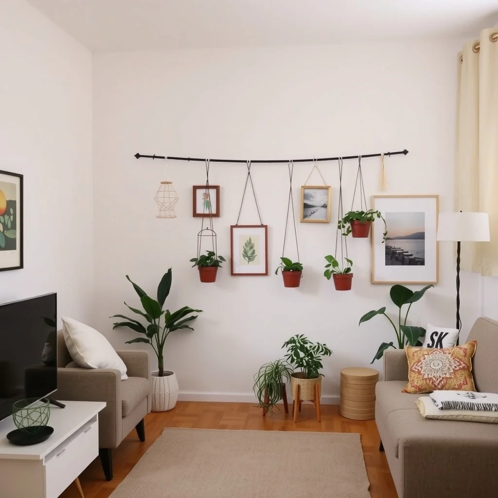 How to Decorate Apartment Walls Without Drilling Holes interior: 5. Tension Rods with Hanging Art or Plants - Picture a sturdy curtain rod stretched between two opposing walls, holding a series of lightweight frames or hanging planters. The tension rod, often used for curtains, can be extended to span a short wall and