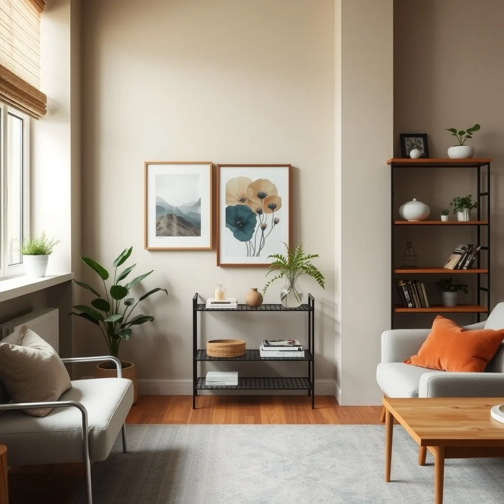 How to Decorate Apartment Walls Without Drilling Holes interior: 7. Freestanding Shelving as Wall Extensions - A low, freestanding shelving unit placed against a wall can serve as a pseudo‑wall, providing a surface for framed photos, decorative bowls, or small sculptures. Choose a unit with a sleek metal frame and reclaimed