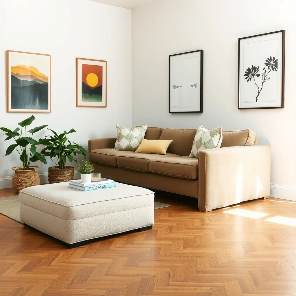 How to Hide Ugly Rental Floors Without Replacing Them interior: 4. Use Floor‑Level Furniture to Break Up Space - Low, sturdy pieces such as storage ottomans, platform coffee tables, or upholstered benches sit directly on the floor and create visual breaks that distract from the underlying material. An ottoman upholstered in a soft linen
