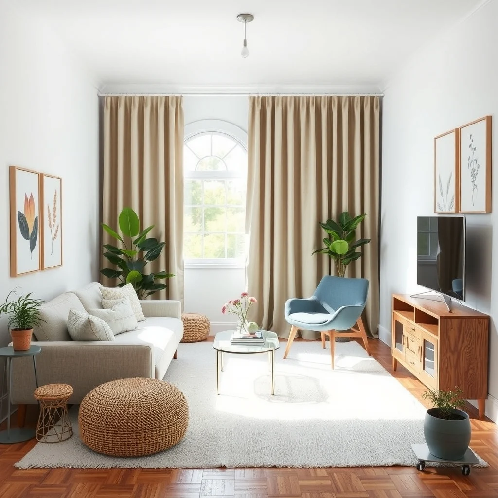 How to Hide Ugly Rental Floors Without Replacing Them interior: 5. Hang Floor‑Length Curtains for a Soft Boundary - Long curtains that reach the floor can create a visual barrier that pulls the eye upward, reducing the emphasis on the floor itself. Choose a fabric in a neutral tone that complements your wall color;