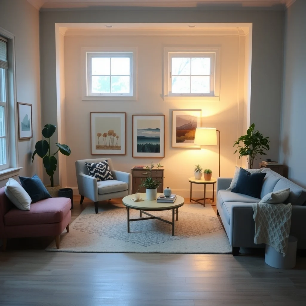 How to Hide Ugly Rental Floors Without Replacing Them interior: 6. Employ Strategic Lighting to Shift Focus - Lighting can subtly guide attention away from an unattractive floor. Floor lamps with wide, diffused shades placed near seating areas create pools of warm light that draw the eye toward the furniture and away from