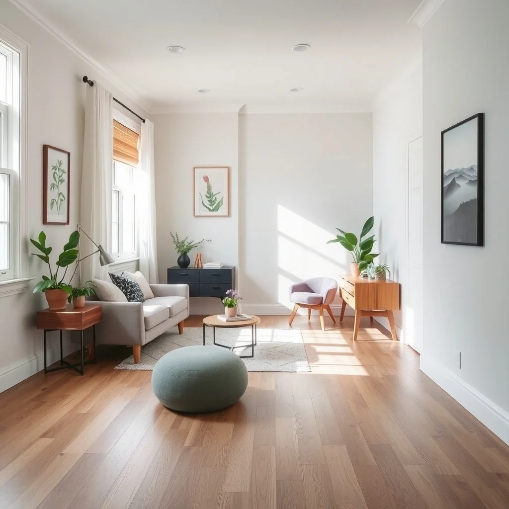 How to Hide Ugly Rental Floors Without Replacing Them interior: 7. Add Temporary Baseboard and Molding Accents - Simple trim pieces installed along the perimeter of the room can mask the transition between wall and floor, making the floor appear less prominent. Removable baseboards that snap into place without nails are available at