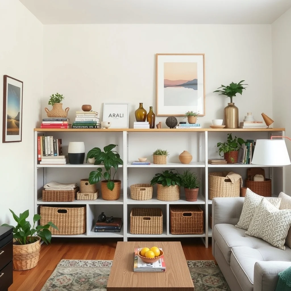 How to Make a Rental Apartment Feel Like a Real Home interior: 7. Use Decorative Storage to Keep Clutter at Bay - Open shelving can showcase books and decorative objects, but without baskets or boxes it can quickly become a mess. Woven baskets in natural fibers conceal laundry, magazines, or pantry items while adding texture to the