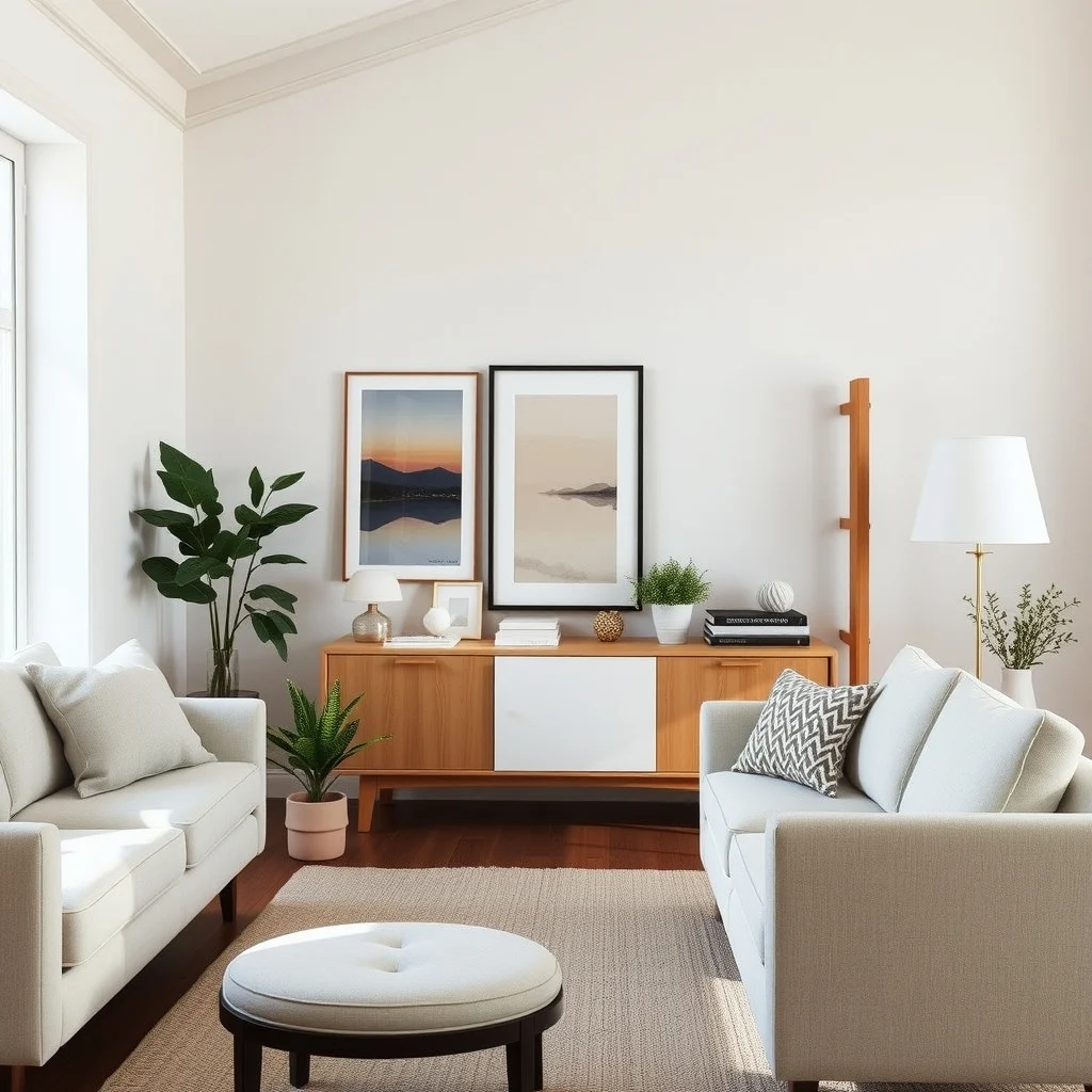 How to Make Cheap Furniture Look More Expensive With Simple Styling interior: 6. Play with Scale and Arrangement - The way furniture is arranged can either amplify or diminish its perceived value. Placing a modest sideboard against a long wall and pairing it with a tall, narrow bookshelf creates a vertical rhythm that draws