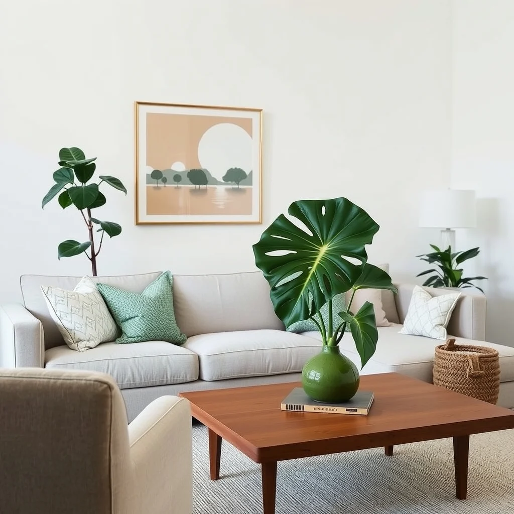 How to Make Cheap Furniture Look More Expensive With Simple Styling interior: 7. Finish with Thoughtful Greenery - Plants are inexpensive, but they bring life and a sense of curated design to any setting. A modest fiddle‑leaf fig placed on a plain wooden coffee table adds height, a splash of deep green, and