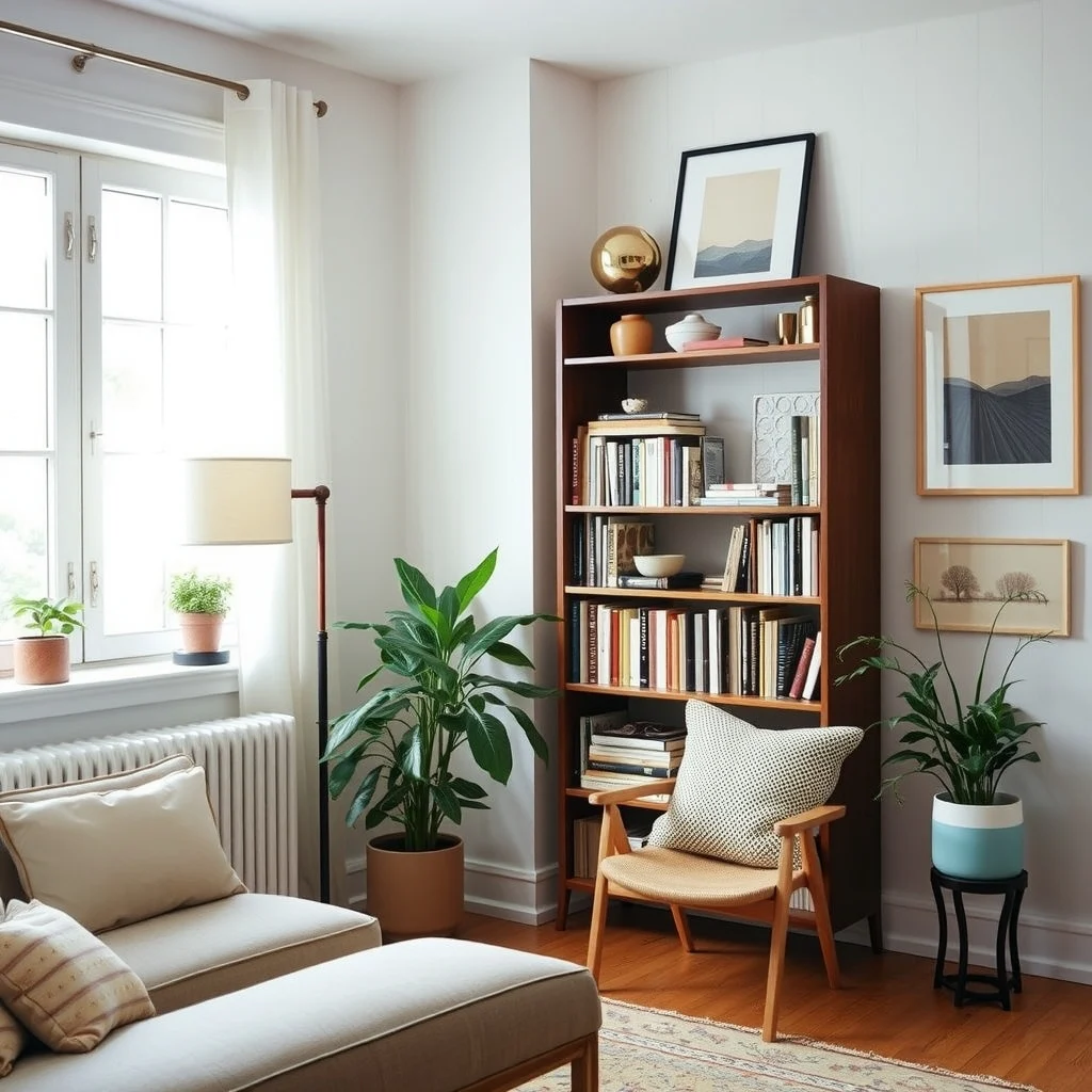 How to Organize a Small Home Without Making It Look Like a Storage Room interior: 5. Use Light and Mirror Tricks to Expand Perception - Strategic lighting can soften the impression of packed shelves, while mirrors reflect both light and space. Position a floor lamp beside a bookshelf so the glow washes over the spines, turning a storage unit into