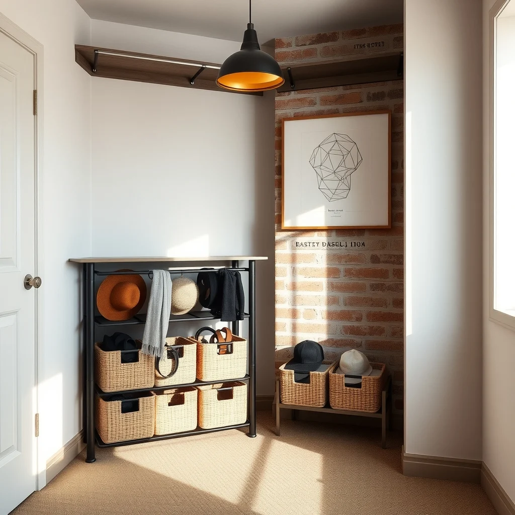 Industrial chic closet corner matte black pull out baskets on brushed steel rails woven jute liners holding scarves belts hats warm amber pendant light casts soft shadows exposed brick back wall with muted typography