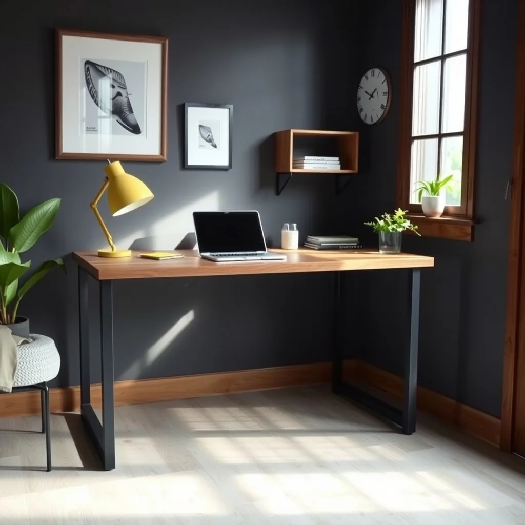 Industrial style corner desk powder coated steel frame solid walnut 70 cm