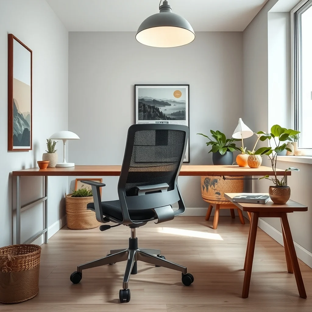Industrial style ergonomic mesh chair in charcoal with brushed steel lumbar support paired with a walnut desk ambient overhead pendant casts soft glow emphasizing sleek lines