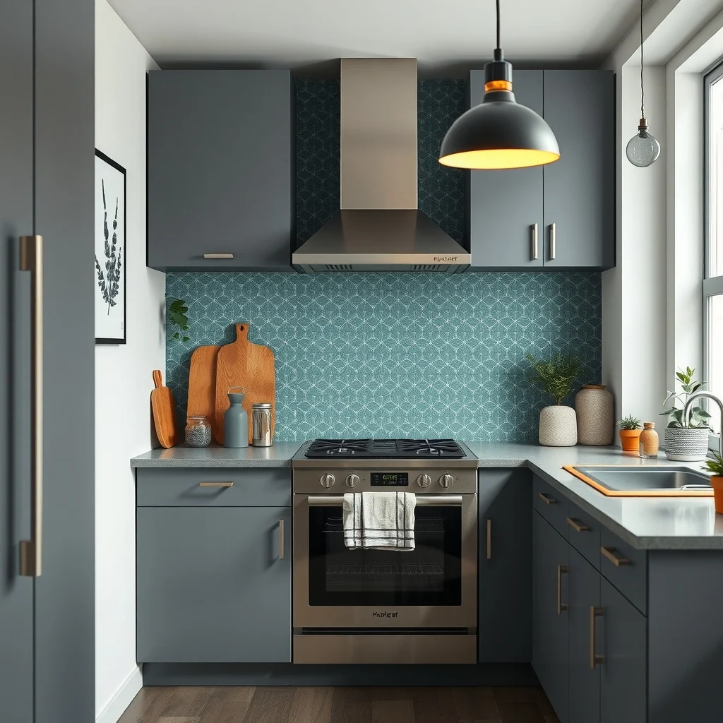 Industrial style kitchen with sleek stainless steel stove patterned geometric teal contact paper backsplash matte gray cabinets pendant lighting casting warm glow close up focus on texture and color contrast