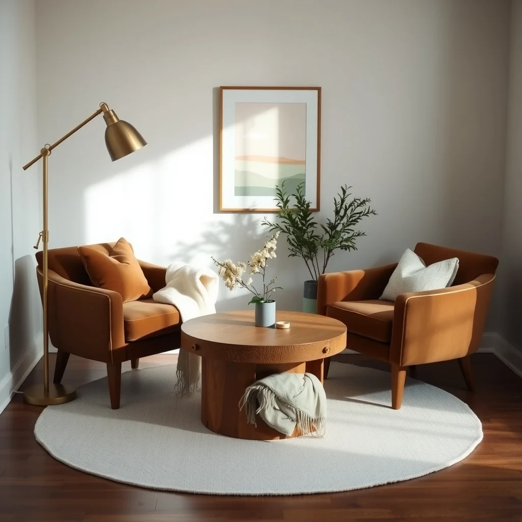 Intimate seating nook two velvet accent chairs angled around a round reclaimed wood coffee table soft ivory throw dimmed brass floor lamp casting gentle shadows winter palette tight composition