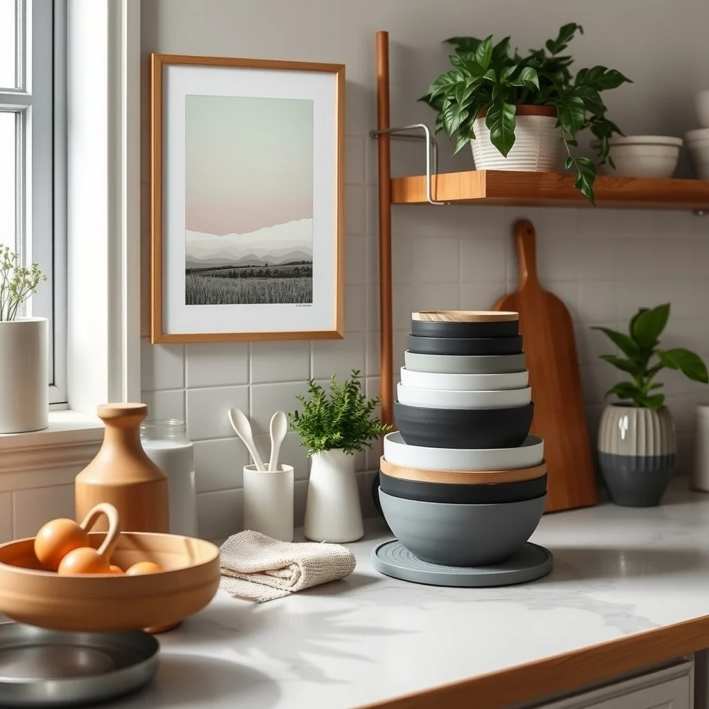 Kitchen Counter Organization Ideas for a Clutter-Free Small Kitchen interior: 3. Choose Stackable, Nesting Bowls with a Designated Base - Nesting bowls are a staple, yet they often end up in a chaotic pile on the counter. Selecting a set that includes a low, flat base—such as a silicone mat in a soft gray—provides a