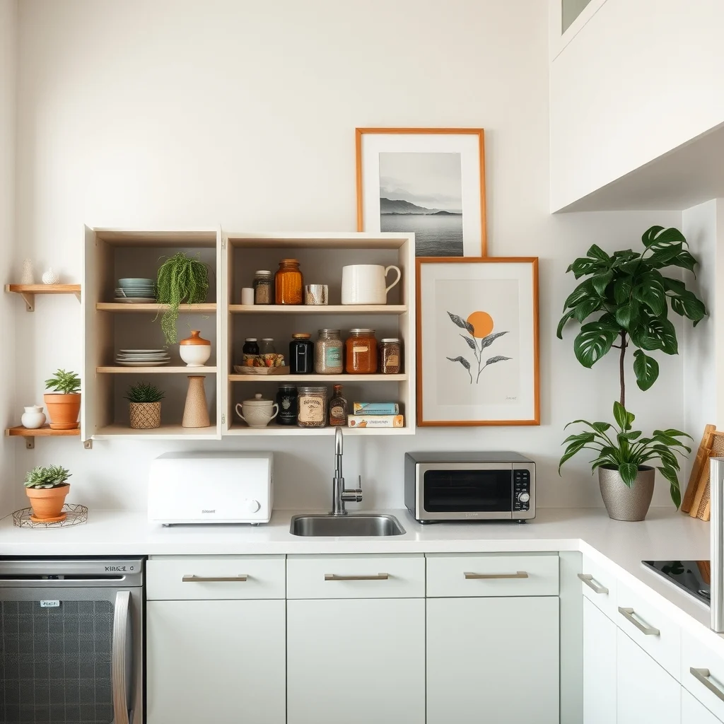 Kitchen Counter Organization Ideas for a Clutter-Free Small Kitchen interior: 5. Hang a Small, Open‑Front Cabinet Above the Counter - Even a narrow cabinet—four to six inches deep—mounted just above the work surface can store frequently used items such as a coffee maker, toaster, or a row of spice jars. An open front, perhaps with
