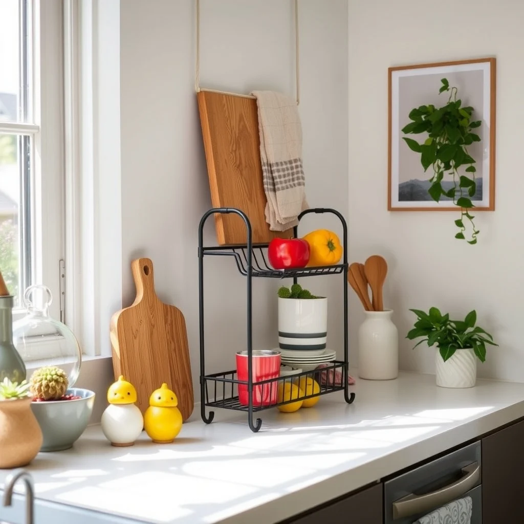 Kitchen Counter Organization Ideas for a Clutter-Free Small Kitchen interior: 6. Employ a Tiered Fruit and Vegetable Stand - A compact, tiered stand made of wrought iron or reclaimed wood provides a designated spot for produce, keeping it off the counter and within easy reach. The multiple levels allow you to separate items by