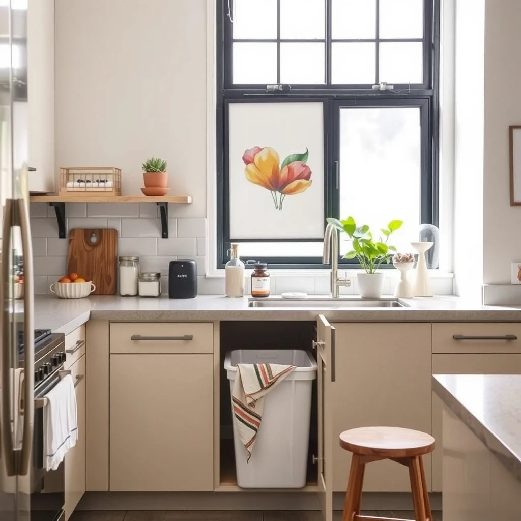Kitchen Counter Organization Ideas for a Clutter-Free Small Kitchen interior: 7. Add a Slim, Pull‑Out Trash Bin - A narrow pull‑out trash bin slides under the countertop, eliminating the need for a bulky waste can that occupies valuable surface area. The bin can be made of stainless steel for a sleek look or