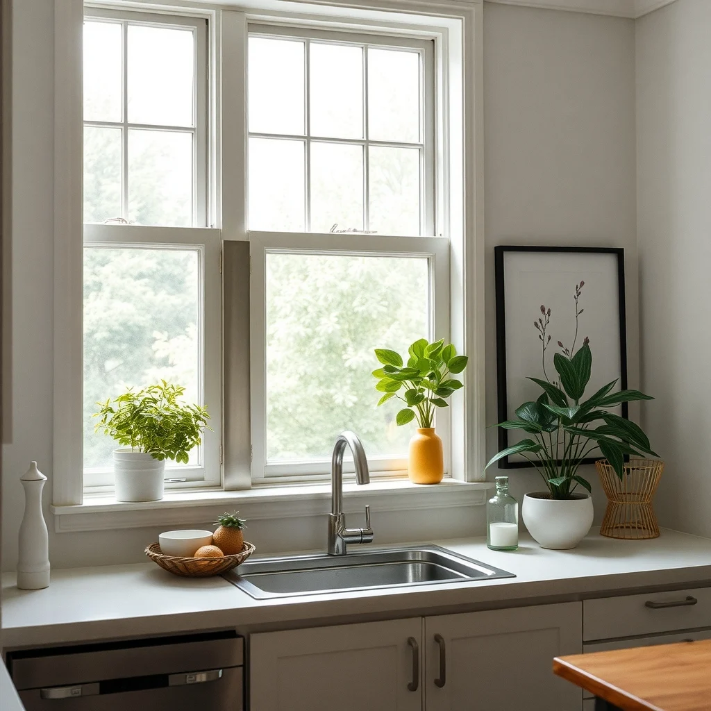 Kitchen Window Decorating Ideas That Keep the Counter Clear interior: 7. Use a Mirror or Reflective Panel to Shift Focus - Placing a shallow mirror or a brushed‑metal reflective panel on the windowsill can redirect light and create the illusion of a larger window without adding any bulk to the countertop. The reflective surface bounces daylight